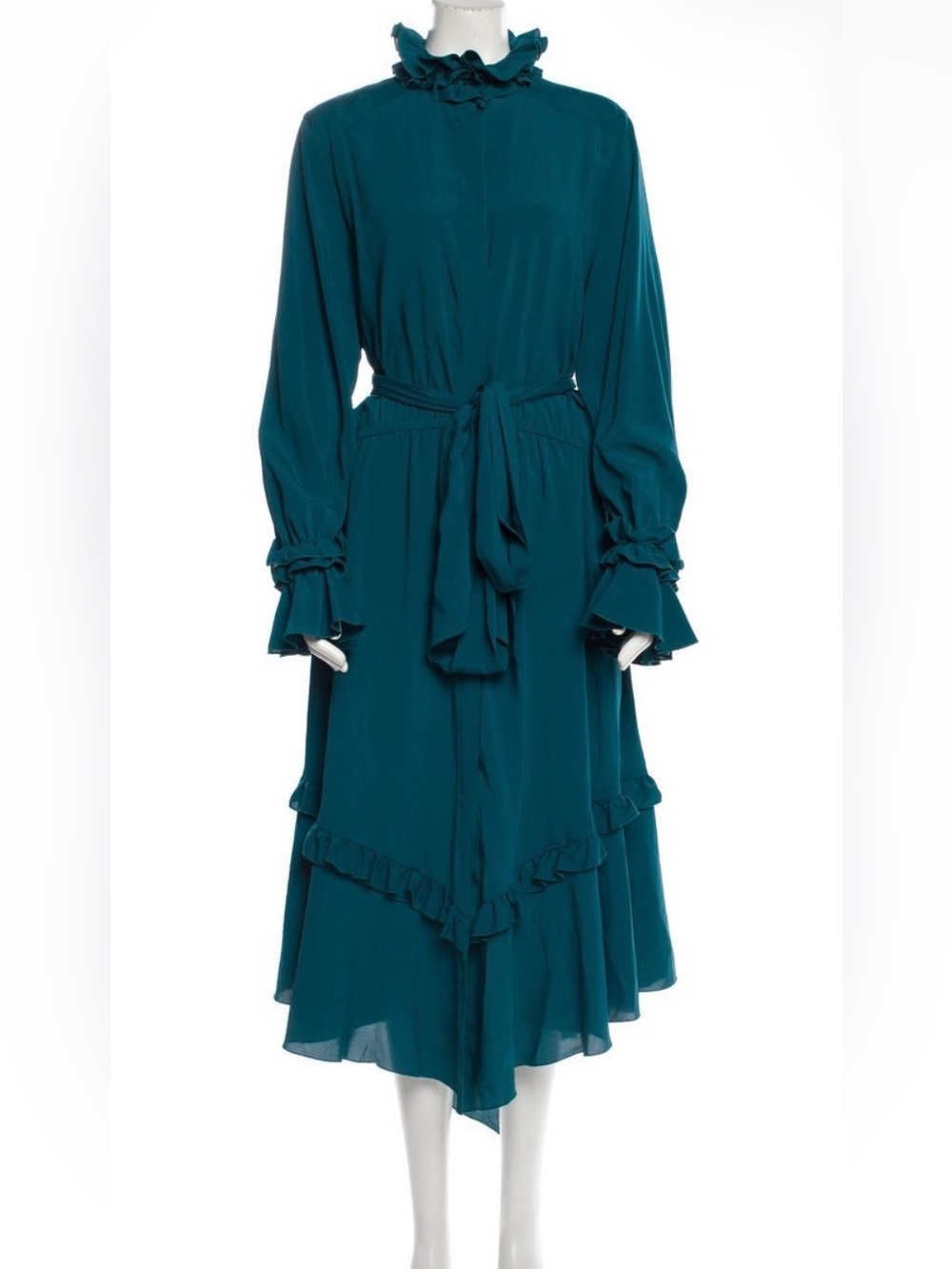 NEW Alexandre Vauthier Mock Neck Silk Blend Midi Dress US 12 / FR 44 Blue Ruffle